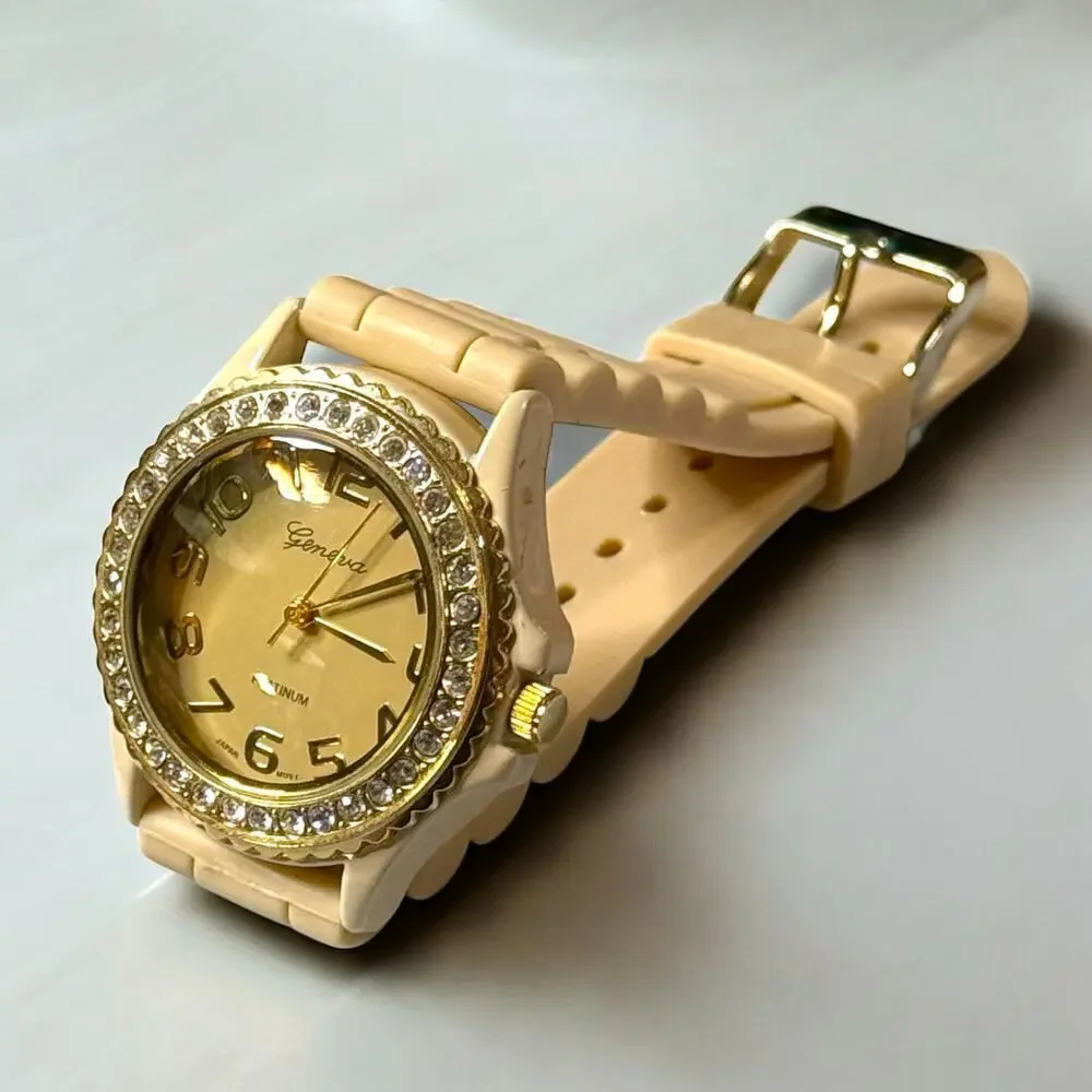 Geneva Platinum Rhinestone Encrusted Bezel Beige Rubber Strap Watch RUNS